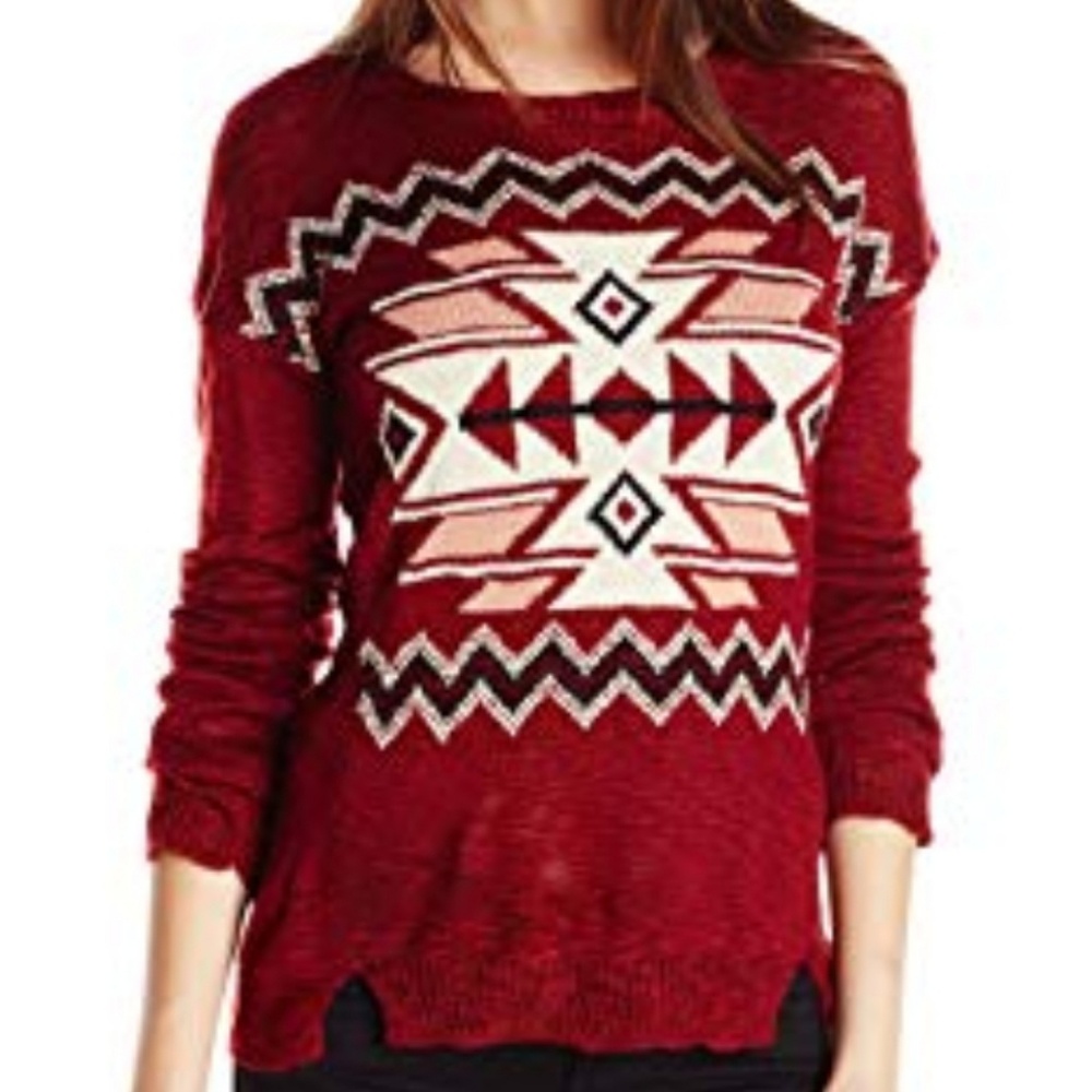 PINK ROSE Cranberry Aztec Print Sweater
